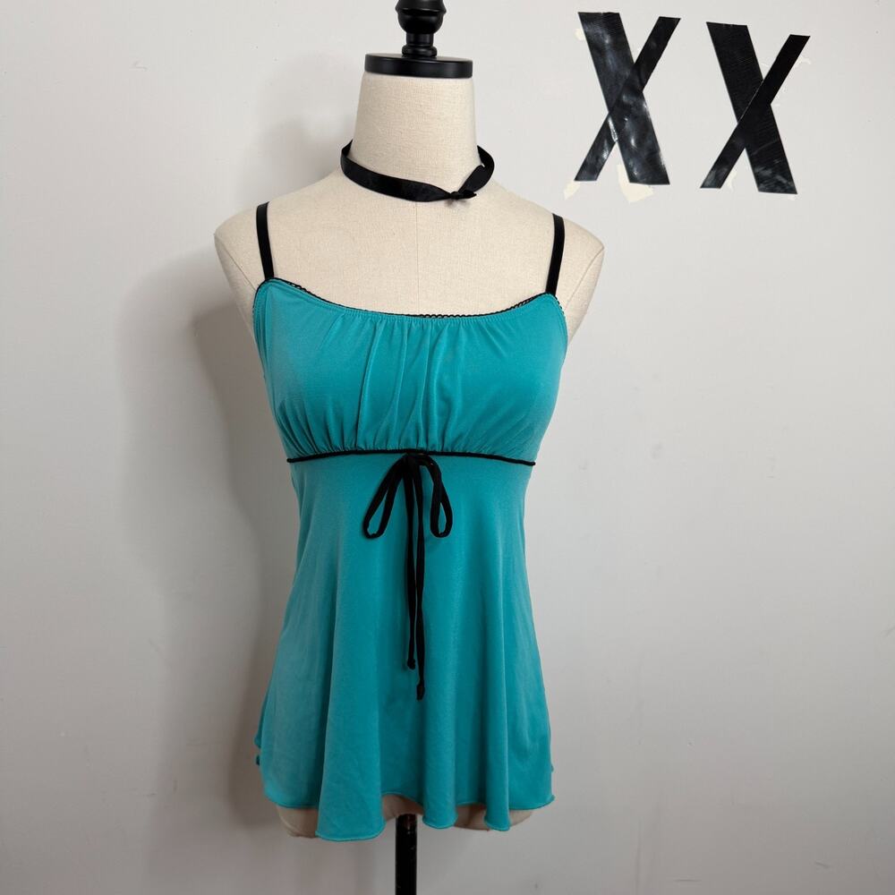 Vintage Y2K Aqua Blue Black Eyelet Trim Bow Babydoll Cami Top USA Made S